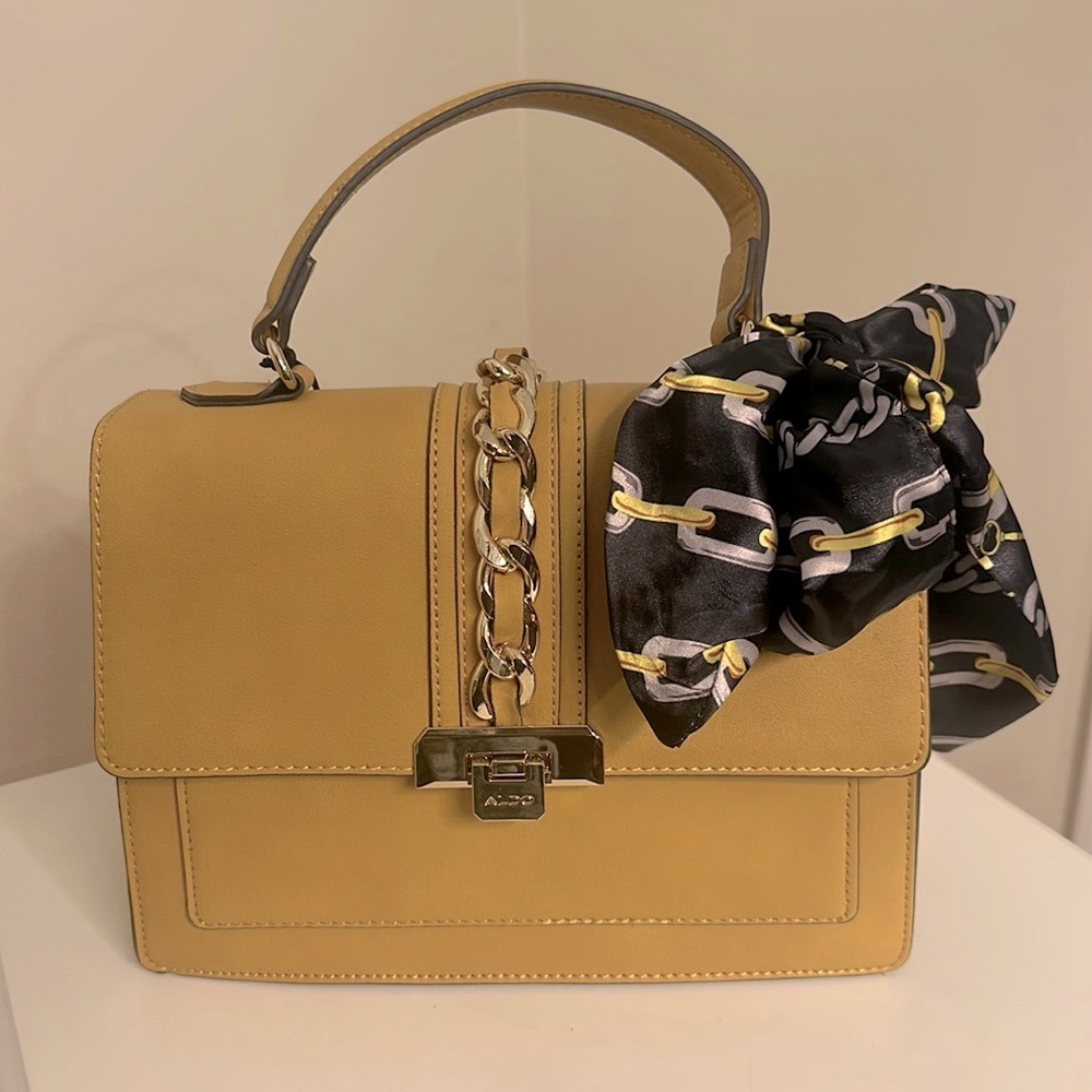 ALDO yellow/gold faux leather handbag with scarf NWT